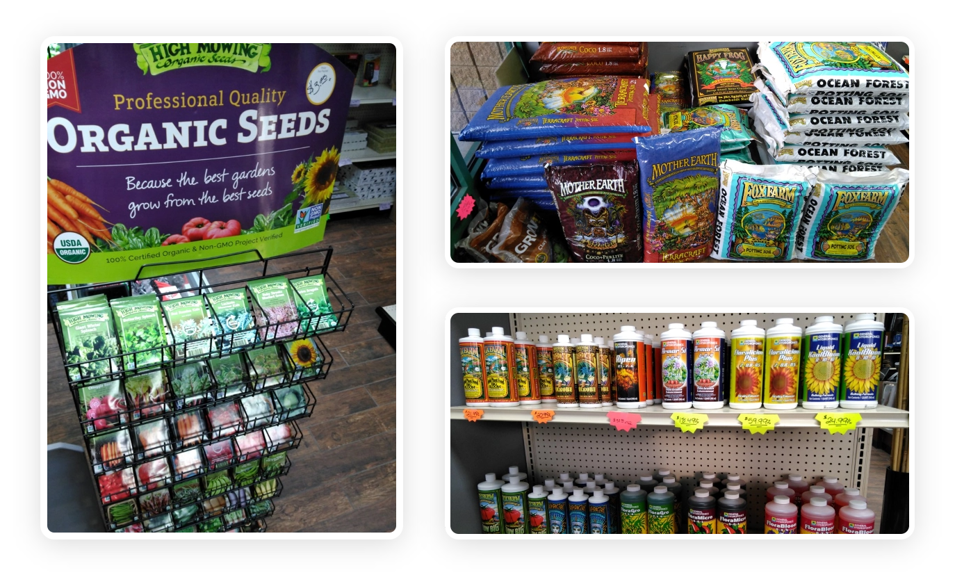 Organic gardening product displays at Homegrown Outlet
